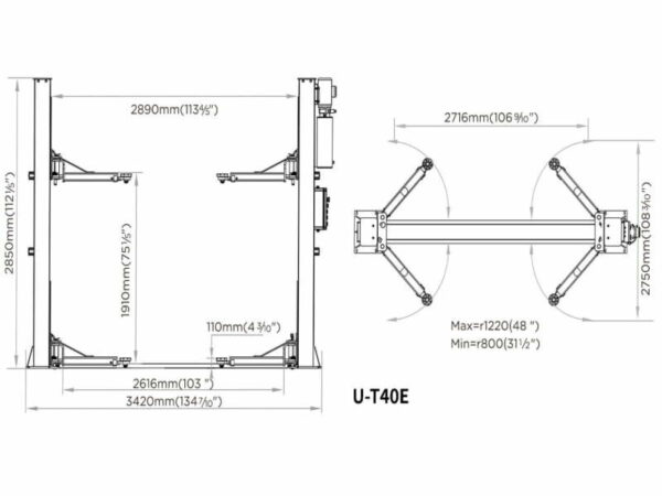 2 Post Car Lift Eurotek UT40E 4T Automatic Release - 1Ph or 3Ph