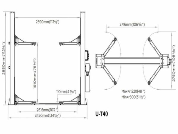 2 Post Lift manual release Eurotek UT40 dimensions by Concept Garage Equipment