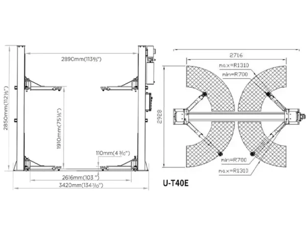 2 Post Lift Automatic Eurotek UT40E dimensions