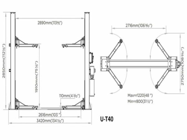 2-Post-Lift-manual-release-Eurotek-UT40-dimensions 2 Post Lift manual release Eurotek UT40 dimensions by Concept Garage Equipment