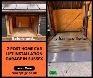2 Post home car lift installation garage in Sussex