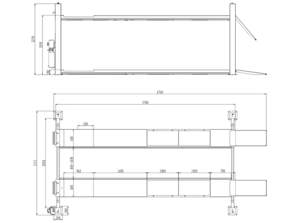 4 Post Service and Wheel Alignment Lift Eurotek 5 Tonne Lifting Capacity 5.7m dimensions