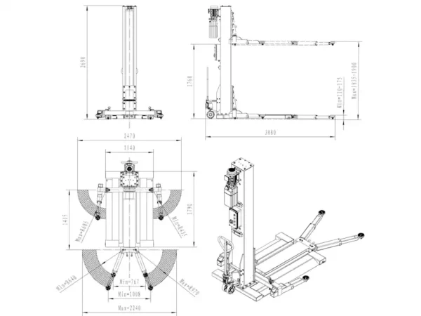 One Post Lift 2.8 Tonne REDATS L-121F Mobile 1 Phase dimensions