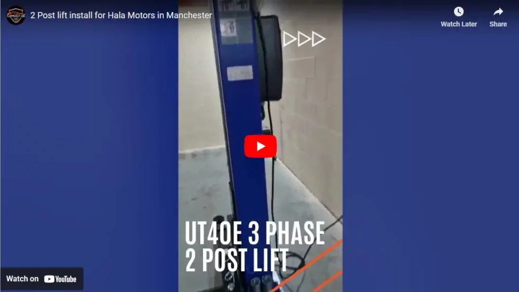 Watch the Video of 2 Post lift install for Hala Motors in Manchester Watch the Video of 2 Post lift install for Hala Motors in Manchester